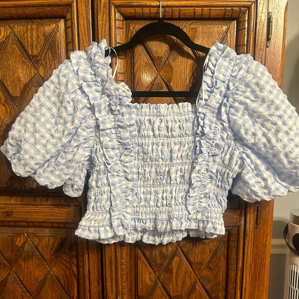 English Factory Light Blue Checkered Ruffle Blouse - Picture 5 of 5